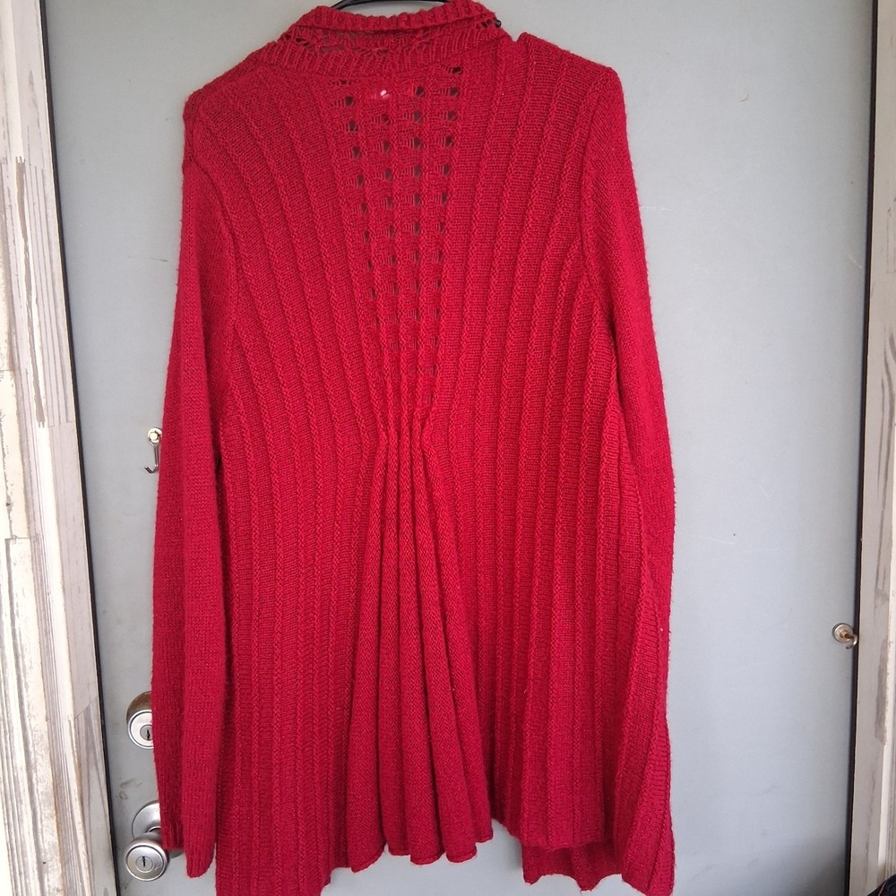 Ladies Long Draped Knit Red Cardigan XL Cinched Waist - Picture 4 of 4